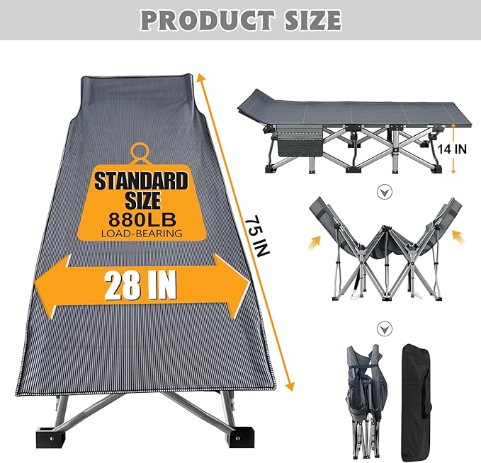 ABORON Camping Cot with 2in Memory Foam Trifold Mattress, 900LBS Heavy Duty Sleeping Cot for Adults, Extra Wide Sleeping Cot, 1200D Double Layer Oxford Cot for Camping, Guest, Office Nap