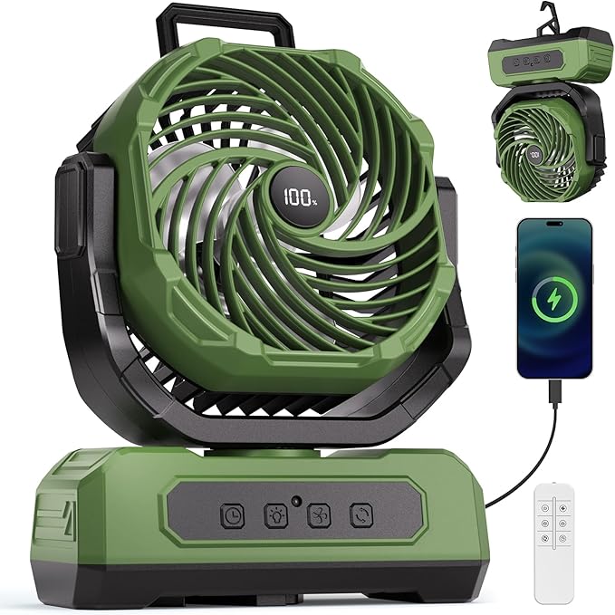 30000mAh Portable Camping Fan with RGB Lantern, Rechargeable Battery Powered Oscillating 4 Wind Speeds LED Display, Remote Control Timer Tent Beach Cordless USB Fans for Travel Home Outdoor, Green