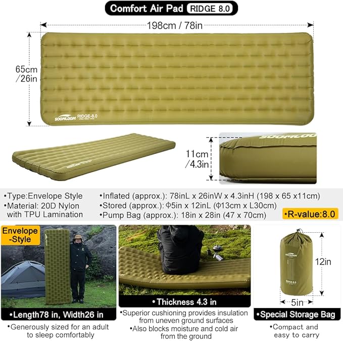 Camping Air Sleeping Pad Ridge 8.0 R-Value 8 Insulation Extreme Cold Weather Pump Bag Compact Lightweight Portable Hiking Disaster Preparedness Earthquakes Outdoor Inflatable Pad