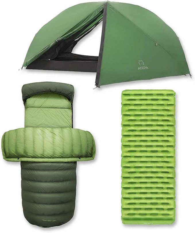 ATEPA Ultralight Backpacking Camping Gear Set – 4 Season 1-2 Person Tent, Down Sleeping Bag & 6 R-Value Insulated Sleeping Pad, Waterproof Lightweight Backpacking Sleep System for Hiking, Camping, Mou