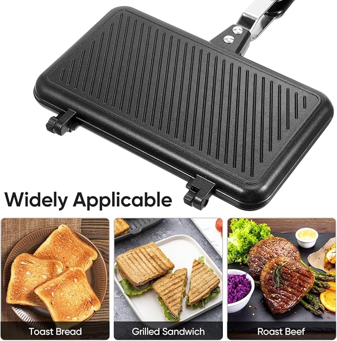 VOSAREA Sandwich Maker Grilled Sandwich Maker Pan Non-Stick Hot with Long Handle Double Sided Frying Pan Stovetop Toasted for Home Kitchen Breakfast Camping (Black)