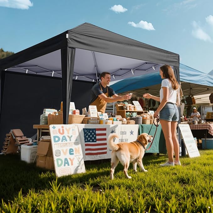 10x10 Pop Up Canopy with Sidewalls, Outdoor Instant Canopy Tent with Carry Bag for Commercial Events, Camping, Backyard Parties - Black