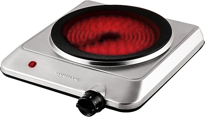OVENTE Countertop Infrared Single Burner, 1000W Electric Hot Plate w/ 7.5” Ceramic Glass Cooktop, 6 Level Temperature Setting & Easy to Clean Base, Compact Stove for Home Dorm Office, Silver BGI201S