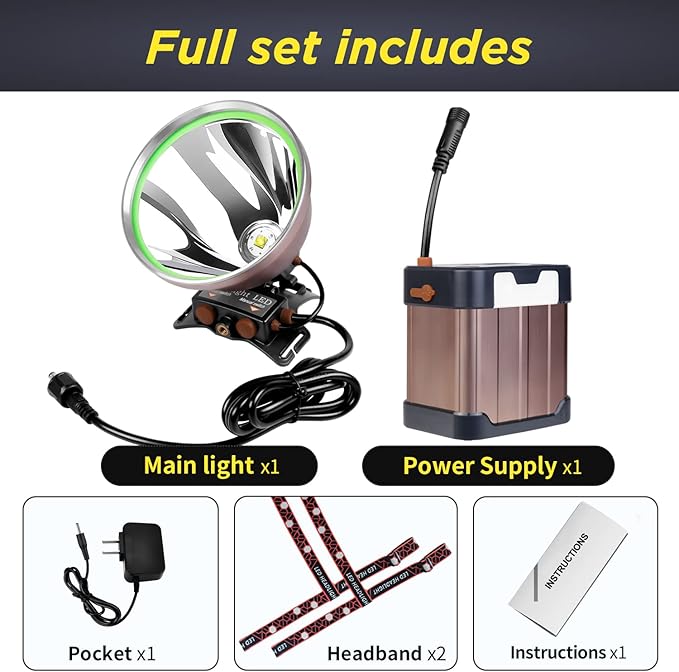 Coon Hunting Lights High Power LED Headlamp Super Bright High Lumens 22000mAh Rechargeable Headlight Waterproof Head Spotlight Torch for Fishing Camping