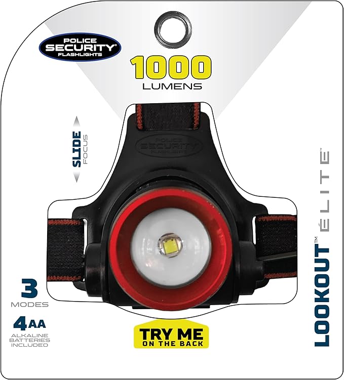 Police Security Lookout Headlamp - 1000 lumens - pivoting Base, Slide Focus —Perfect for Hands-Free Activities, Outdoor Adventures or Emergency situations - Comfort no-Slip Strap, 3 - Modes