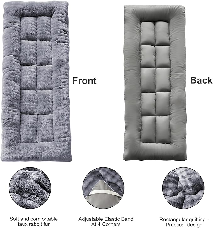 Thick Camping Sleeping Pad - Faux Rabbit Fur Ultra Soft & Non-Slip Sleeping Mat with Portable Roll up Camping Cot Pad for Travel Car Tent Guest Bed (75" x 28", Dark Grey)