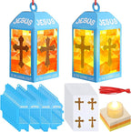 12 Sets Easter Crafts Religious Lanterns Crafts with LED Candles Lights Jesus Lights The Way Sunday School Tissue Paper DIY Oil Lamp Cross Hanging Ornament VSB Church Activity