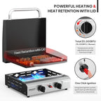 ROVSUN 2 Burner Portable Propane Griddle with Enameled Tray & Lid, 20000 BTU Rolling Flat Top Gas Grill with Electronic Ignition, Side Shelves & Regulator for Outdoor Cooking Camping BBQ Tailgating