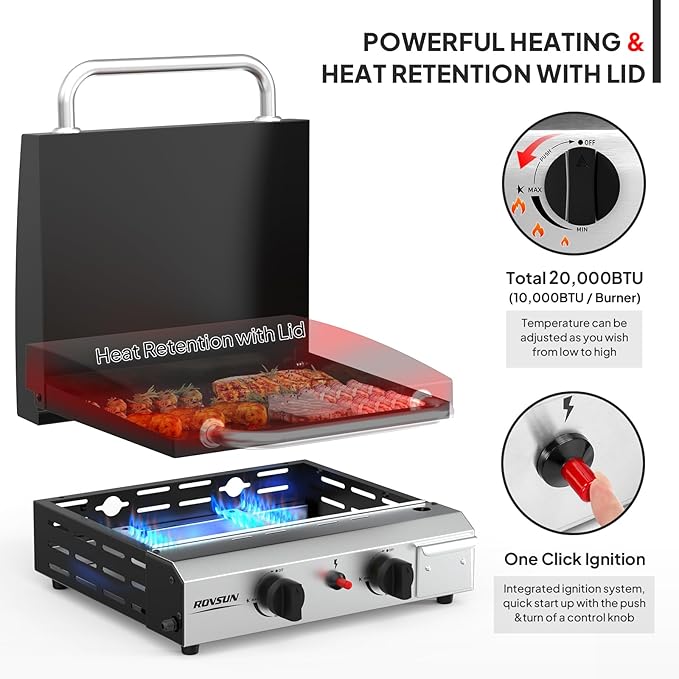ROVSUN 2 Burner Portable Propane Griddle with Electronic Ignition & Regulator, 20,000 BTU Tabletop Flat Top Gas Grill with Enameled Tray & Lid for Outdoor Cooking Camping BBQ Tailgating Picnicking