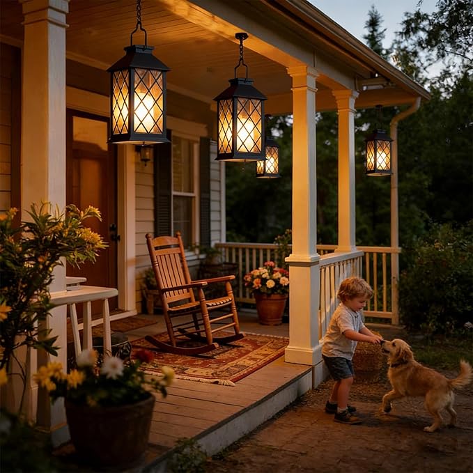 Solar Lanterns Outdoor Waterproof, 2 Pack Glass Hanging Solar Lights with Flickering Flameless Candle, Outdoor Lanterns for Patio Wall Porch Table Garden Yard Tree, Gift for Women Mom - Black