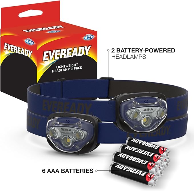 Eveready LED Headlamp, 200 Lumen, IPX4 Water Resistant, Durable Indoor and Outdoor Light with Shatterproof Lens, Batteries Included, 2 Pack