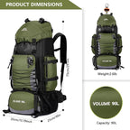 90L Hiking Backpack, Waterproof Camping Bag with Rain Cover, Lightweight Backpacking Back Pack