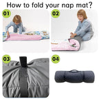 Custom Toddler Nap Mat for Preschool, Personalized Name Light Blue Kids Sleeping Bag with Leopard for Daycare, Roll Up Sleeping Mat with Removable Pillow and Soft Dot Minky Blanke for Girls Camping