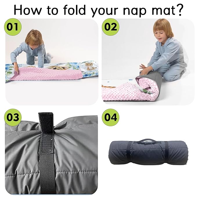 Custom Toddler Nap Mat for Preschool, Personalized Name Light Blue Kids Sleeping Bag with Leopard for Daycare, Roll Up Sleeping Mat with Removable Pillow and Soft Dot Minky Blanke for Girls Camping