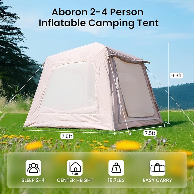 ABORON 2/6/8/10/12 Person Inflatable Camping Tent, Easy Setup Blow Up Tent with Hand Pump, PU3000mm Waterproof & Breathable 4 Season Glamping Tent for Outdoor Camping