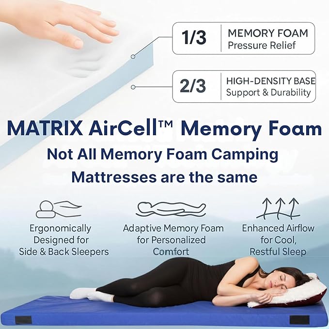 Hazli Matrix AirCell Memory Foam Camping Mattress Pad - CertiPUR-US Roll Up Mattress for Adults - Portable Foam Sleeping Mats for Camping - Camp Cot Sleeping Pad - Floor Sleep Mat Bed Roll for Car RV