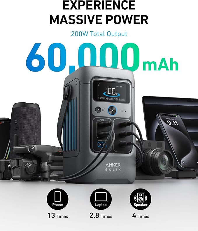 Anker SOLIX C200 DC Power Bank Station, 192Wh Portable Power Station, LiFePO4 Battery, 200W Solar Generator, for Outdoor Camping, Traveling, and Emergencies (No Wall Charger Included)