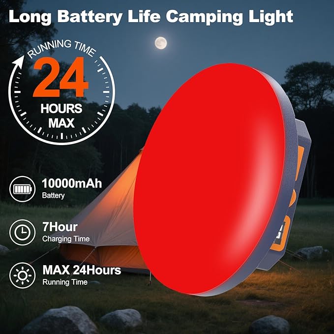 10000mAh Rechargeable Camping Light Insect Not Attract 4000LM Work Light White/Red/Pink/SOS Brightness Stepless Dimming, IP45 Waterproof Tent Light Power Failure for Halloween (Remote)