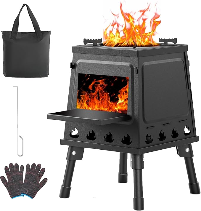 Portable Wood Burning Stove - Lightweight Cast Iron Camp Stove for Backpacking，A Small Size 8.9in * 8.9in * 8.7in Backpacking Camping Stove Kit (Black, Small)