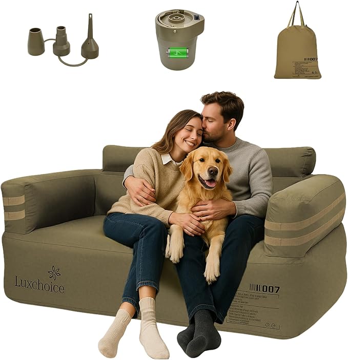 Portable Inflatable Couch for Camping with Built-in Pump Durable Inflatable Furniture Comfortable Blow Up Couch Stylish Outdoor Air Sofa Perfect for Backyard Beach Music Festival Party | Auto Cordless Pump, Durable Fabric, Puncture Resistant, Stain-Res...