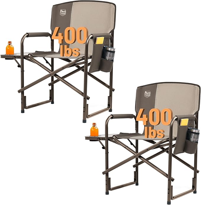 TIMBER RIDGE Lightweight Oversized Camping Chair, Aluminum Directors Chair with Side Table for Outdoor Camping, Lawn, Picnic and Fishing, Supports 400lbs, Tan 2Pack