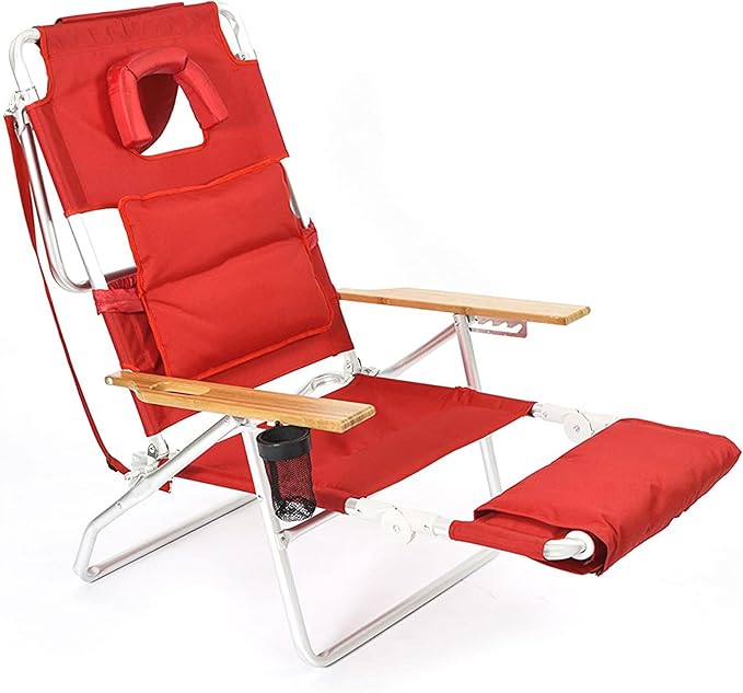 Ostrich Portable On-Your-Back Outdoor Camping Recliner w/5 Positions & Deluxe 3-in-1 Padded Sports Chair w/5 Positions and Footrest, Red