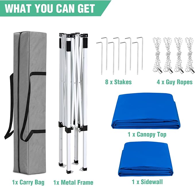 5x5 Pop Up Canopy Tent with One Sidewall, Instant Portable Beach Canopy, Outdoor Tent with Carry Bag for Camping, Sports, Tailgating, Events, Blue