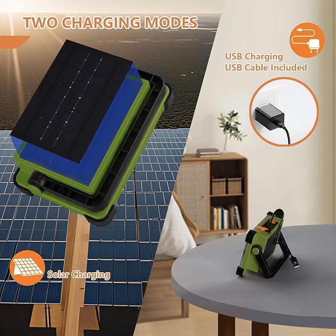 120W Solar Rechargeable Work Light, 144 LED Portable Flood Light with Stand, IP66 Waterproof 4 Modes LED Job Site Lighting Flashlights for Mechanic Camping Fishing Car Repair(Green 1 Pack)