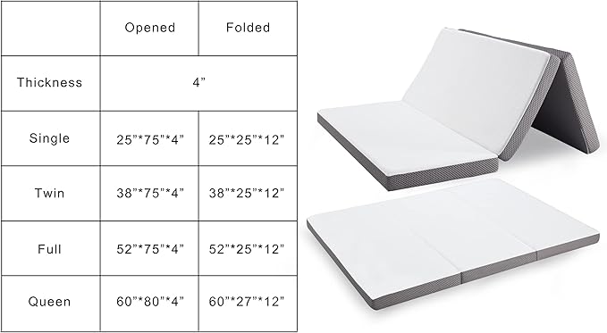Kingfun Foldable Mattress 4 Inch Folding Mattress Tri-fold Gel Memory Foam Breathable with Storage Bag, Portable Floor Guest Bed Soft for Sleeping Camping, Gray, Twin Size