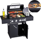 4 Burners Propane Gas Grill with Visual Glass, 50,000 BTU Propane Grill with Side Burner, Double-Layer Lid, Stainless Steel Grate,Outdoor Cook BBQ Grill for Patio, Camping, Backyard