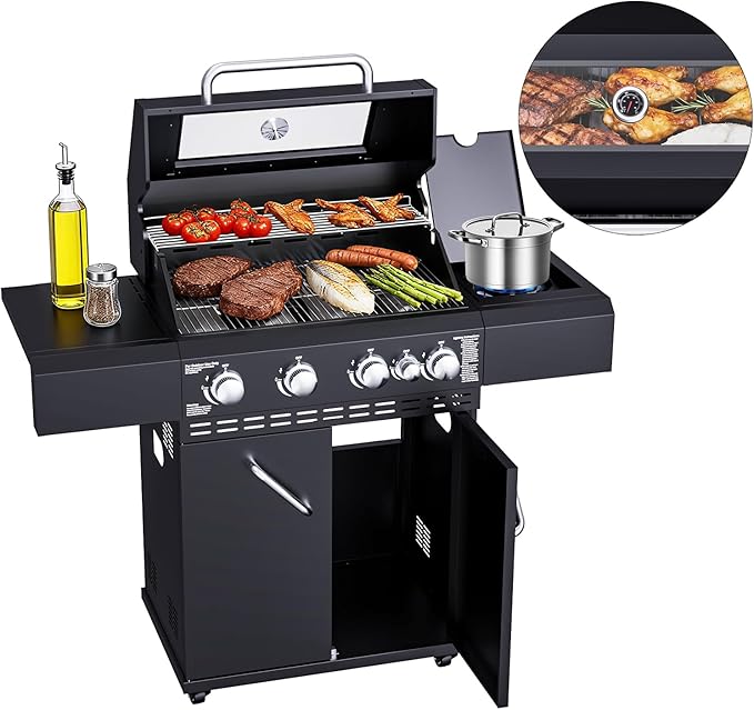 4 Burners Propane Gas Grill with Visual Glass, 50,000 BTU Propane Grill with Side Burner, Double-Layer Lid, Stainless Steel Grate,Outdoor Cook BBQ Grill for Patio, Camping, Backyard