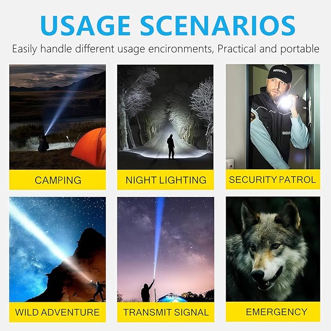 Rechargeable Flashlight 15,000 High Lumens, 120W XHP360 LED Super Bright Tactical Zoomable Flashlights with USB Output, Large Capacity Powered Waterproof Flash Light for Emergencies, Camping, Hunting