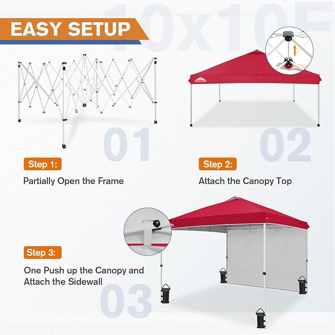 EAGLE PEAK Commercial Canopy 10x10 Pop Up Canopy Tent with 1 Sidewall, Easy Setup Heavy Duty Instant Event Shelter for Vendors & Markets, Outdoor Sun Shade, Red