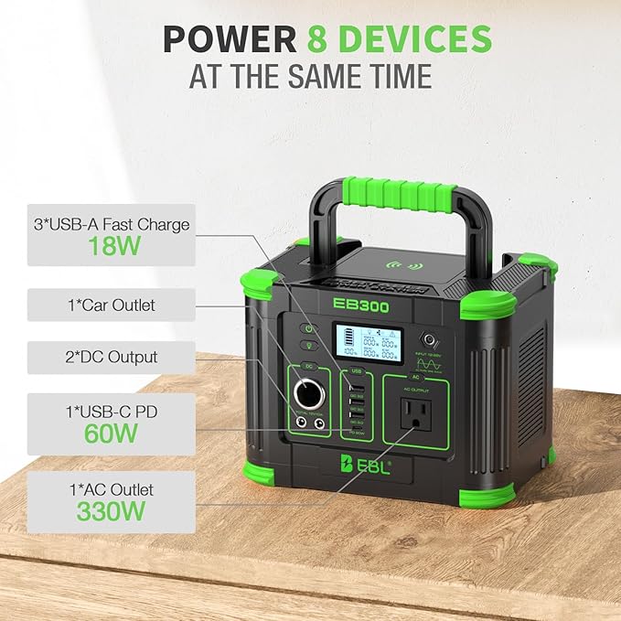 EBL 300W Portable Power Station, 288.6Wh Solar Generator with 600W Peak Output, PD 60W USB-C & QC3.0 USB-A Ports, Wireless Charger & SOS LED Light for Camping, RV, Home Emergency Backup