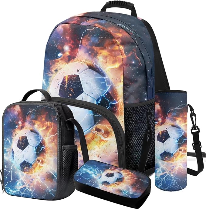 Soccer Backpack with Lunch Box Lightning Bookbag Fashion Lightweight Bookbag for Boys 8-12 with Lunch Box 4 Piece School Bag for Boys 10-12 Outdoor Camping Travel Daypack