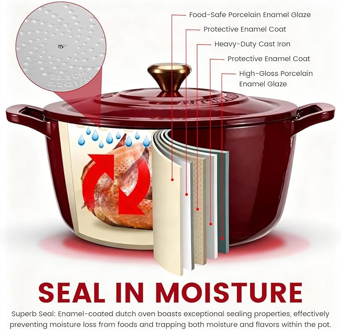Enameled Cast Iron Dutch Oven with Lid – 5QT Heavy-Duty Pot, Oven Safe up to 500°F, Dual Handles, Ideal for Sourdough Bread Baking, Stews, Roasting, Braising – All Cooktops, Durable & Versatile Cookware (Red)