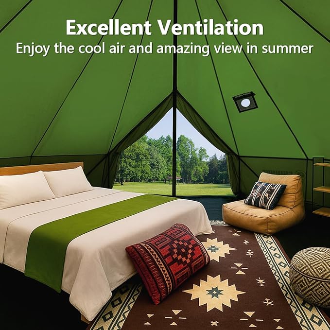 Canvas Bell Yurt Tent with Stove Jack, Waterproof Luxury 4 Season Tents for Family Outdoor Camping 100% Cotton Green Glamping Tents for Hunting, Partie, All Year Living