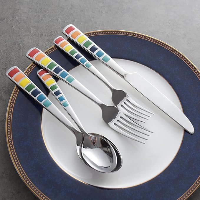 Unique Colorful Silverware Set for 16, Modern Stainless Steel Flatware Cutlery Tableware Utensil Set Knives Forks Spoons,Dinnerware Sets for Christmas Party Kitchen Wedding Gifts 64-piece