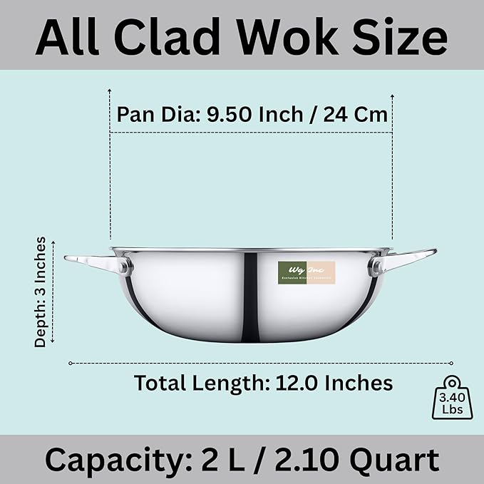 Stainless Steel Wok, Tri-Ply Pan for Stir-Frying, 9.5 Inch Steel Kadhai without Lid, All Clad Cookware For Stews, Sauces, Soups, Saute, Induction Friendly Wok Pan (2.5 Qt / 2.35 Litres)