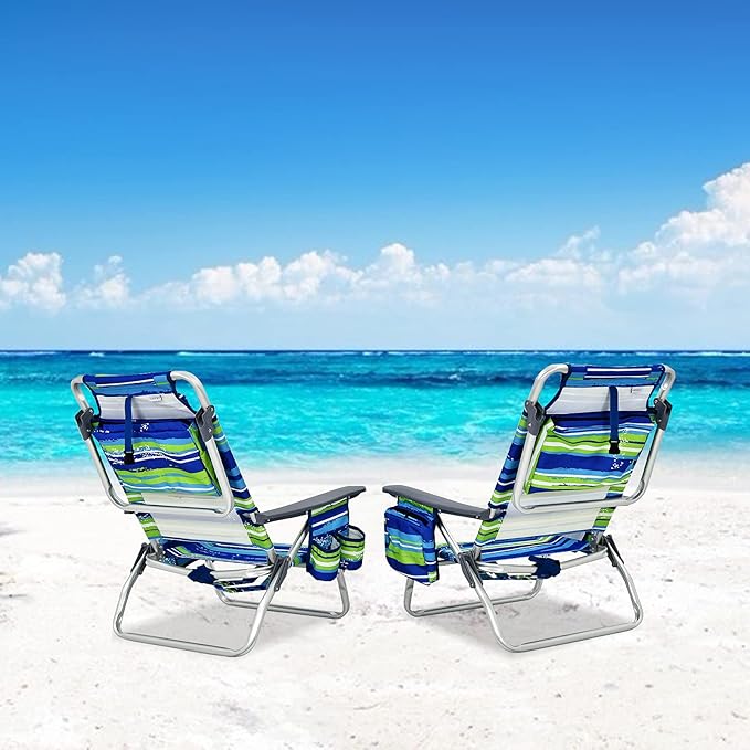 Goplus Beach Chair, Folding Backpack Beach Chairs for Adults with 5 Positions, Head Pillow, Cooler Bag, Towel Bar, Cup Holders, Sunbath Sling Tanning Lounge, Foldable Layout Camping Chairs