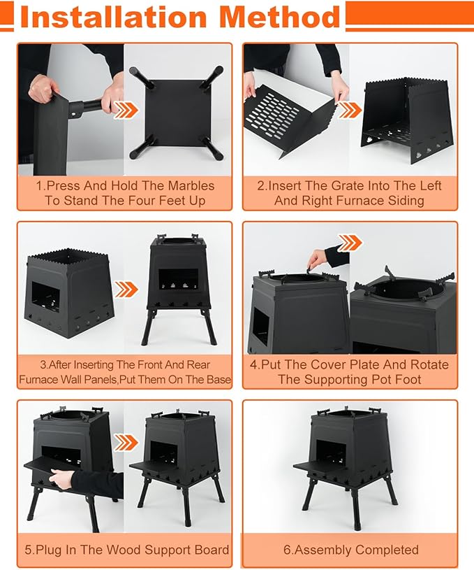 Portable Wood Burning Stove - Lightweight Cast Iron Camp Stove for Backpacking，Portable and Easy-To-Assemble Backpacking Camping Stove Kit (Black, Large)