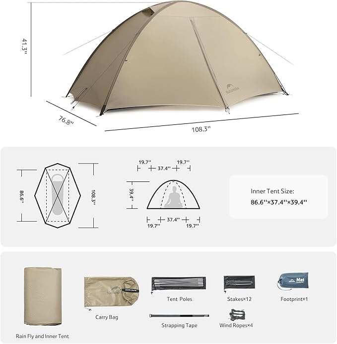 Naturehike Jiling 1/2 Person Backpacking Tent 4 Season Lightweight Tent for Hiking & Bikepacking Easy Setup 3000mm Waterproof Ultralight CampingTents for Outdoor Cycling