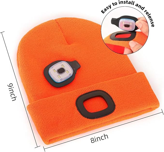 YMHB Unisex Beanie Hat with Light, USB Rechargeable LED Headlamp Hat Night Light Cap Christmas Stocking Stuffers Gifts for Men Dad Father Husband (Orange)