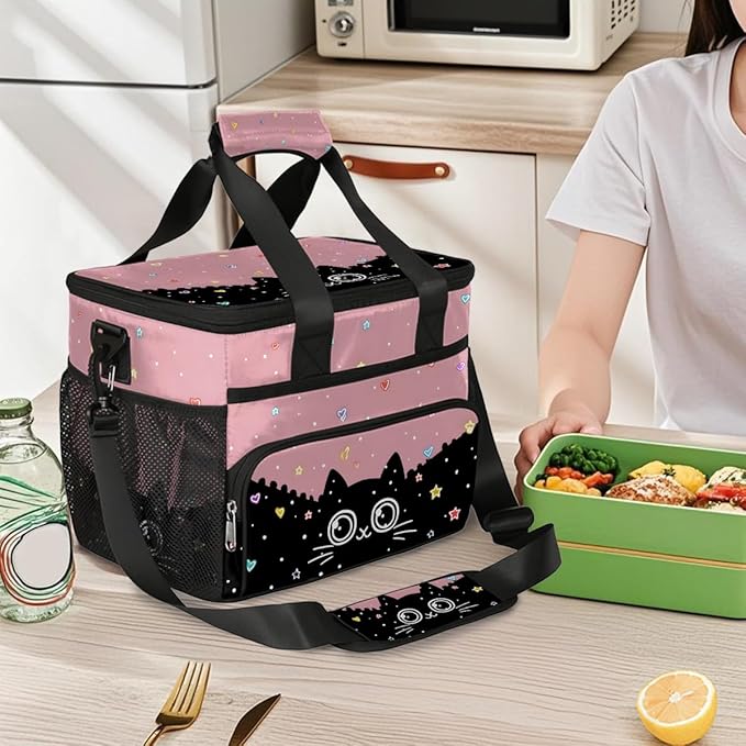 Pardick Cute Cat Black Soft Cooler Bag Insulated Lunch Box for Men & Women, Large Leakproof Lunch Bag Portable Beach Cooler for Work, Picnic, Road Trips,Fishing, Travel, Camping,A-14