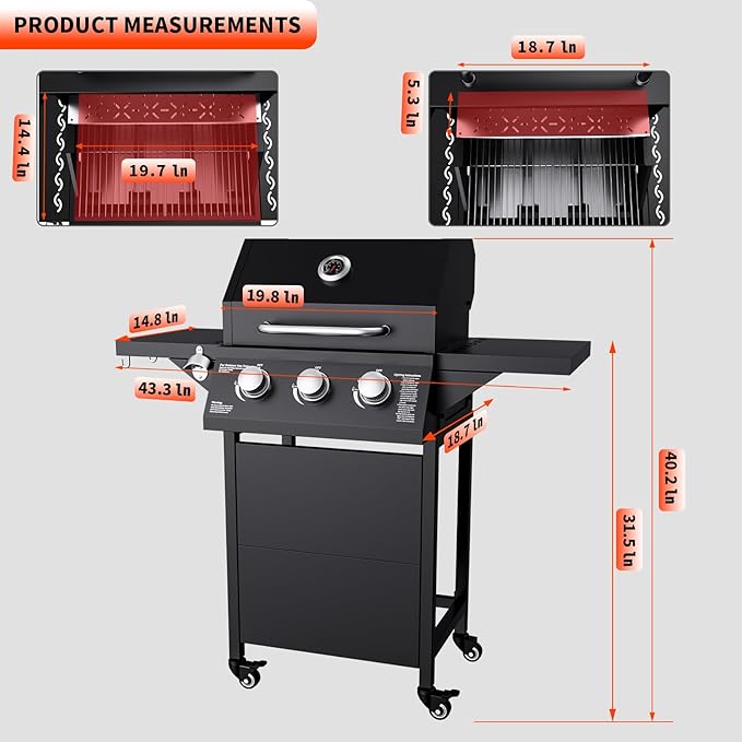 3 Burner Propane Grill, 30,000 BTU Propane Gas Grill with Two Side Tables, Stainless Steel Barbecue Grill, Outdoor Cooking BBQ for Patio, Camping, Backyard