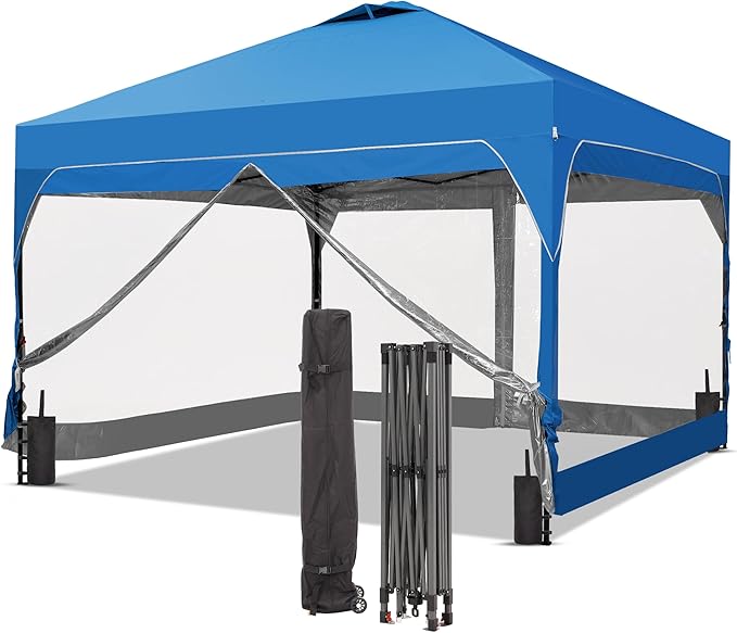 GDY 12x12FT Outdoor Pop Up Canopy Tent with One Push Setup, Easy Setup Gazebo with 4 PVC Transparent Sidewalls for Patio, Parties, Camping, Blue