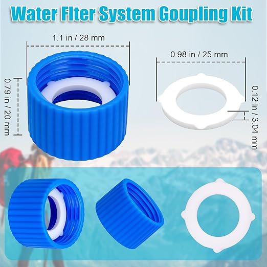 3 Pcs Water Filter Coupling Kit, Filtration Cleaning Couplings with 15 Pcs Gasket Seals, for 28mm External Threaded Water Filters and Standard Plastic Bottles for Hiking Camping