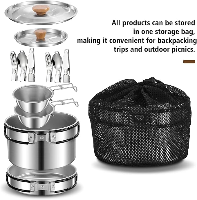 11Pcs Camping Cookware Set，Portable Camping Essentials with Accessories，Stainless Steel Lightweight Nonstick Pots、Pans、Bowls and Utensils for Backpacking RV Tailgating Cooking and Outdoor Cooking