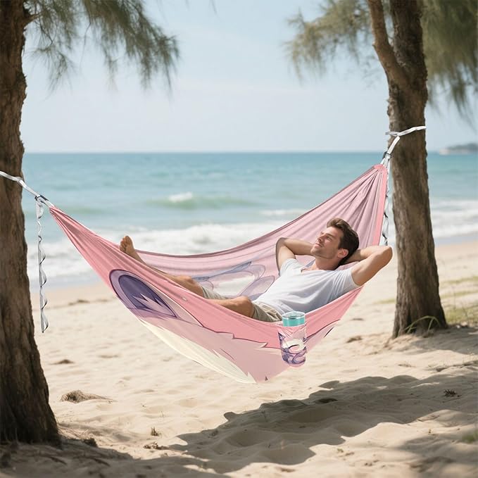Cartoon Raccoon Pink Camping Hammocks with Tree Straps Indoor Hammock for Outside Patio Backyard Poolside