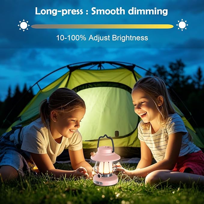 Kids Lantern with 3 Color Light & USB-C Rechargeable, Dimmable Camping Night Light for Children, Safe & Durable ABS Plastic Toddler Flashlight for Bedroom, Tent, Emergency (Pink)